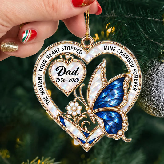 Ornement de Noël personnalisé en acrylique en forme de cœur et de papillon – Cadeau hommage style perle en mémoire d'êtres chers