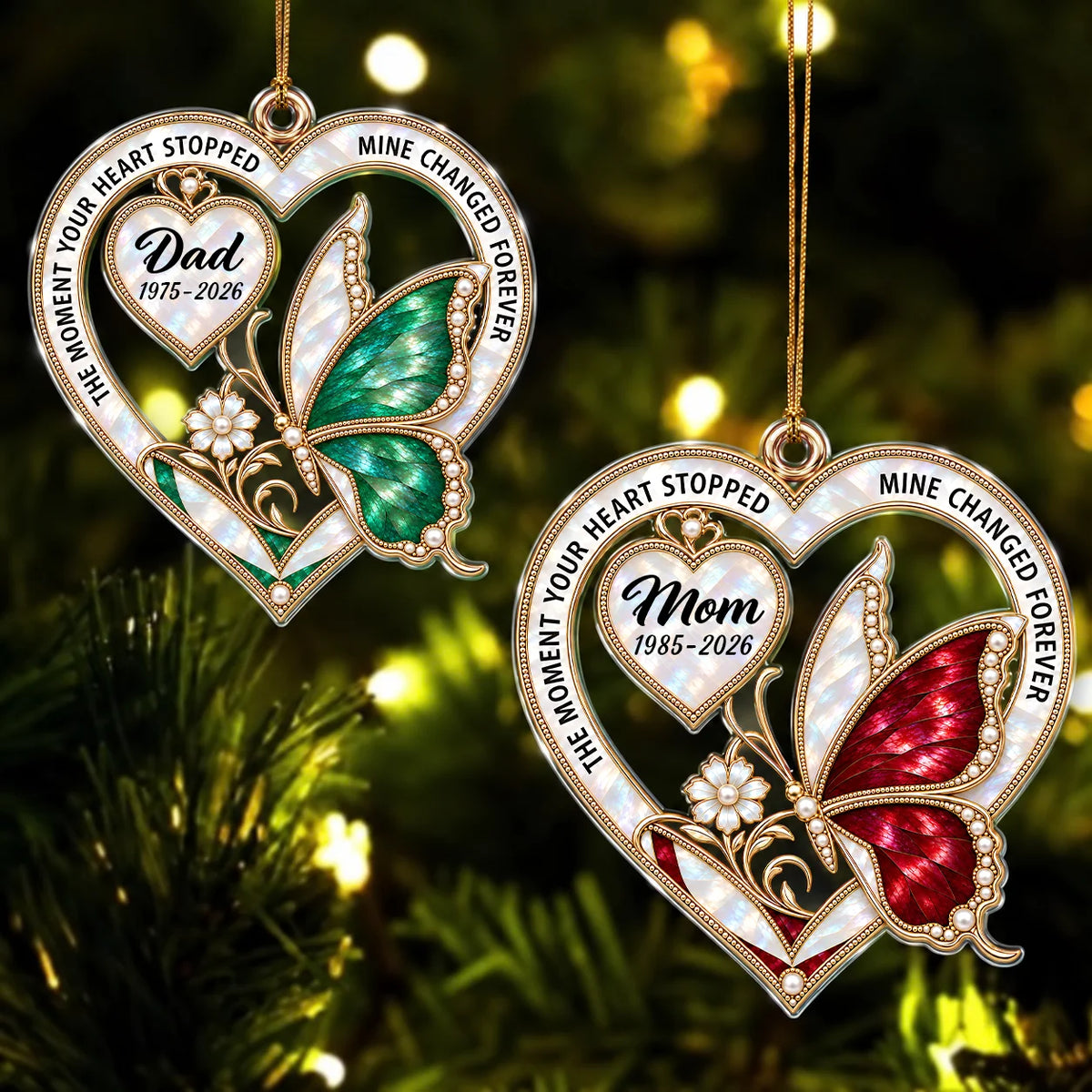 Personalisiertes Herz- & Schmetterlings-Acryl-Weihnachtsornament – Gedenkgeschenk im Perlen-Stil zur Erinnerung an geliebte Menschen