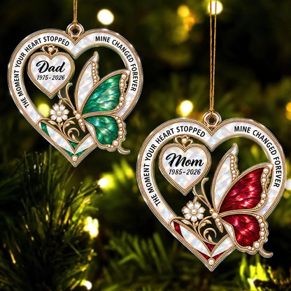 Personalisiertes Herz- & Schmetterlings-Acryl-Weihnachtsornament – Gedenkgeschenk im Perlen-Stil zur Erinnerung an geliebte Menschen