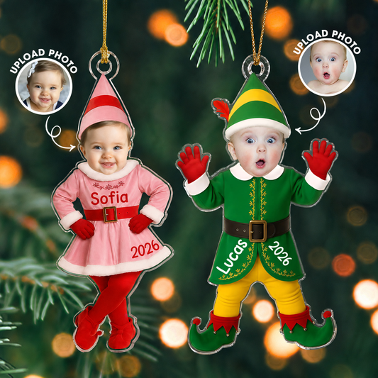 Personalized Elf Photo Ornament – Christmas Gift for Boy or Girl – Acrylic Ornament