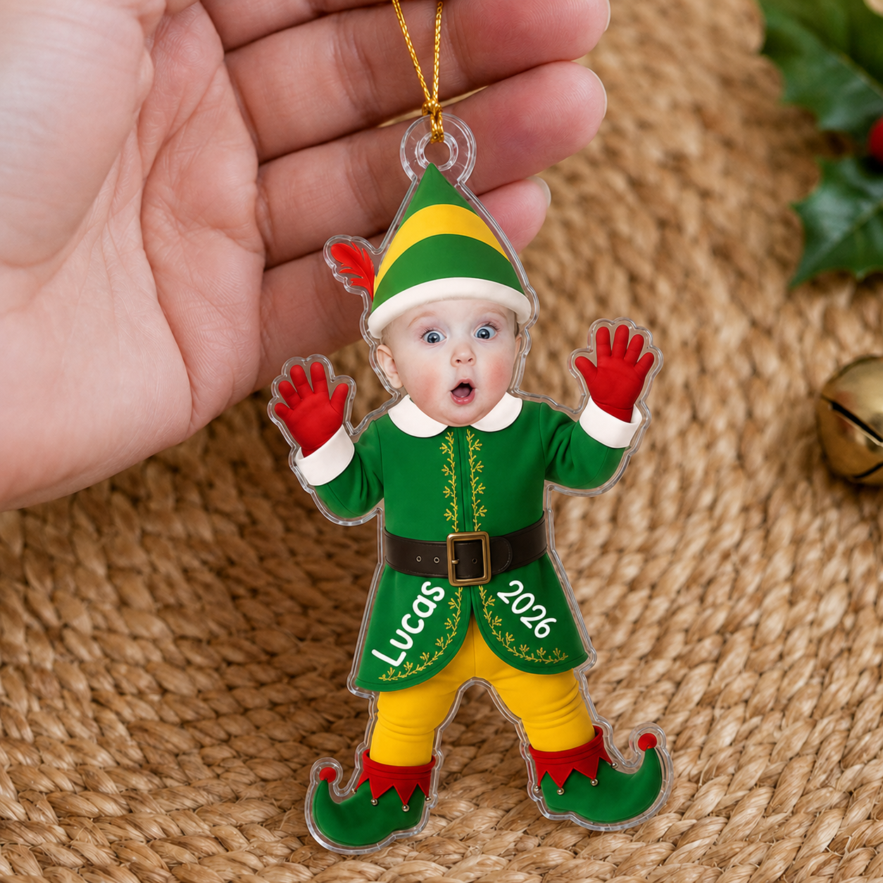 Personalized Elf Photo Ornament – Christmas Gift for Boy or Girl – Acrylic Ornament
