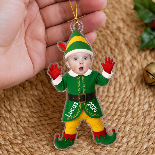 Personalized Elf Photo Ornament – Christmas Gift for Boy or Girl – Acrylic Ornament