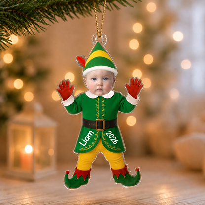 Personalized Elf Photo Ornament – Christmas Gift for Boy or Girl – Acrylic Ornament
