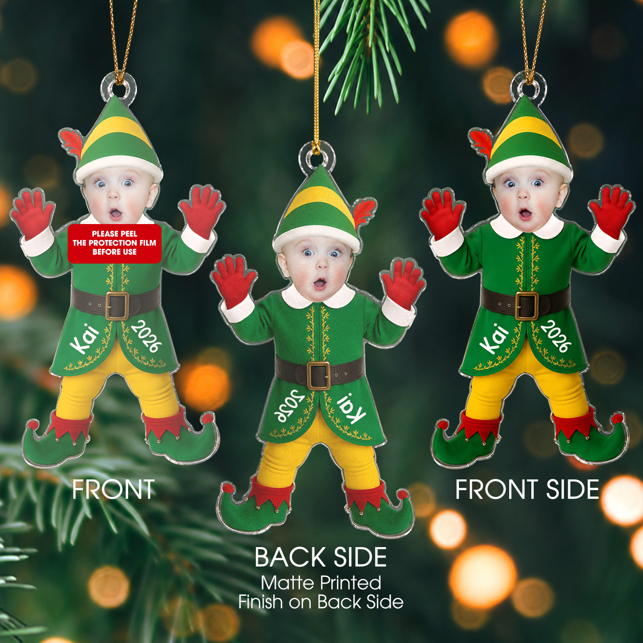 Personalized Elf Photo Ornament – Christmas Gift for Boy or Girl – Acrylic Ornament