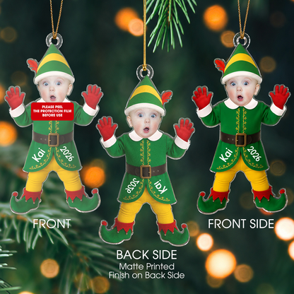 Personalized Elf Photo Ornament – Christmas Gift for Boy or Girl – Acrylic Ornament