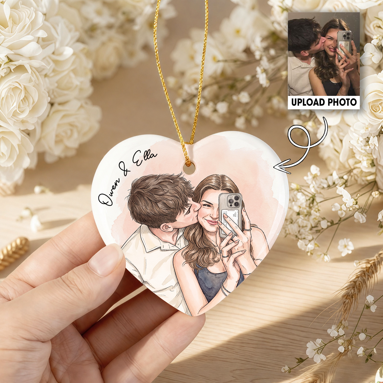 Personalized Couple Photo Christmas Ceramic Ornament – Custom Portrait Gift