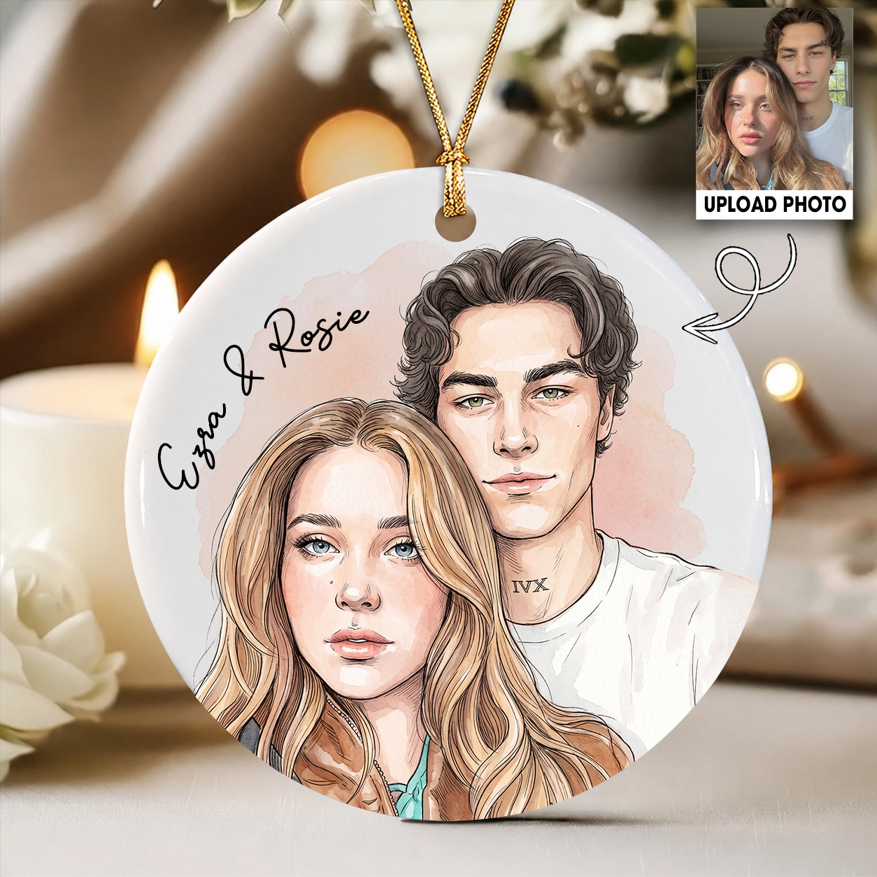 Personalized Couple Photo Christmas Ceramic Ornament – Custom Portrait Gift