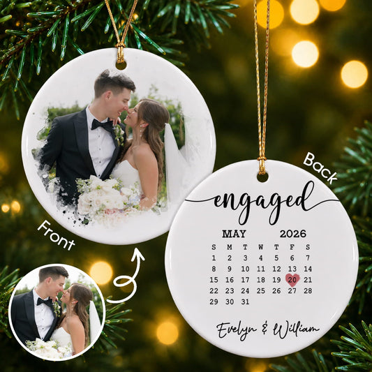 Personalized Our First Christmas Engaged 2-Sided Ceramic Ornament – Custom Couple Photo & Date Engagement Gift for Fiancé or Fiancée