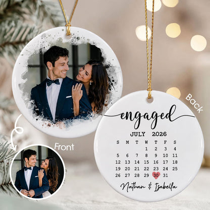 Personalized Our First Christmas Engaged 2-Sided Ceramic Ornament – Custom Couple Photo & Date Engagement Gift for Fiancé or Fiancée