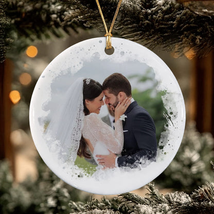 Personalized Our First Christmas Engaged 2-Sided Ceramic Ornament – Custom Couple Photo & Date Engagement Gift for Fiancé or Fiancée
