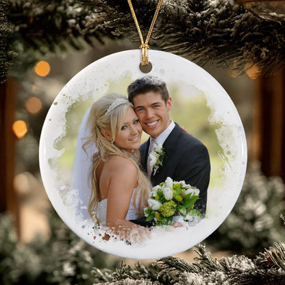 Personalized Our First Christmas Engaged 2-Sided Ceramic Ornament – Custom Couple Photo & Date Engagement Gift for Fiancé or Fiancée