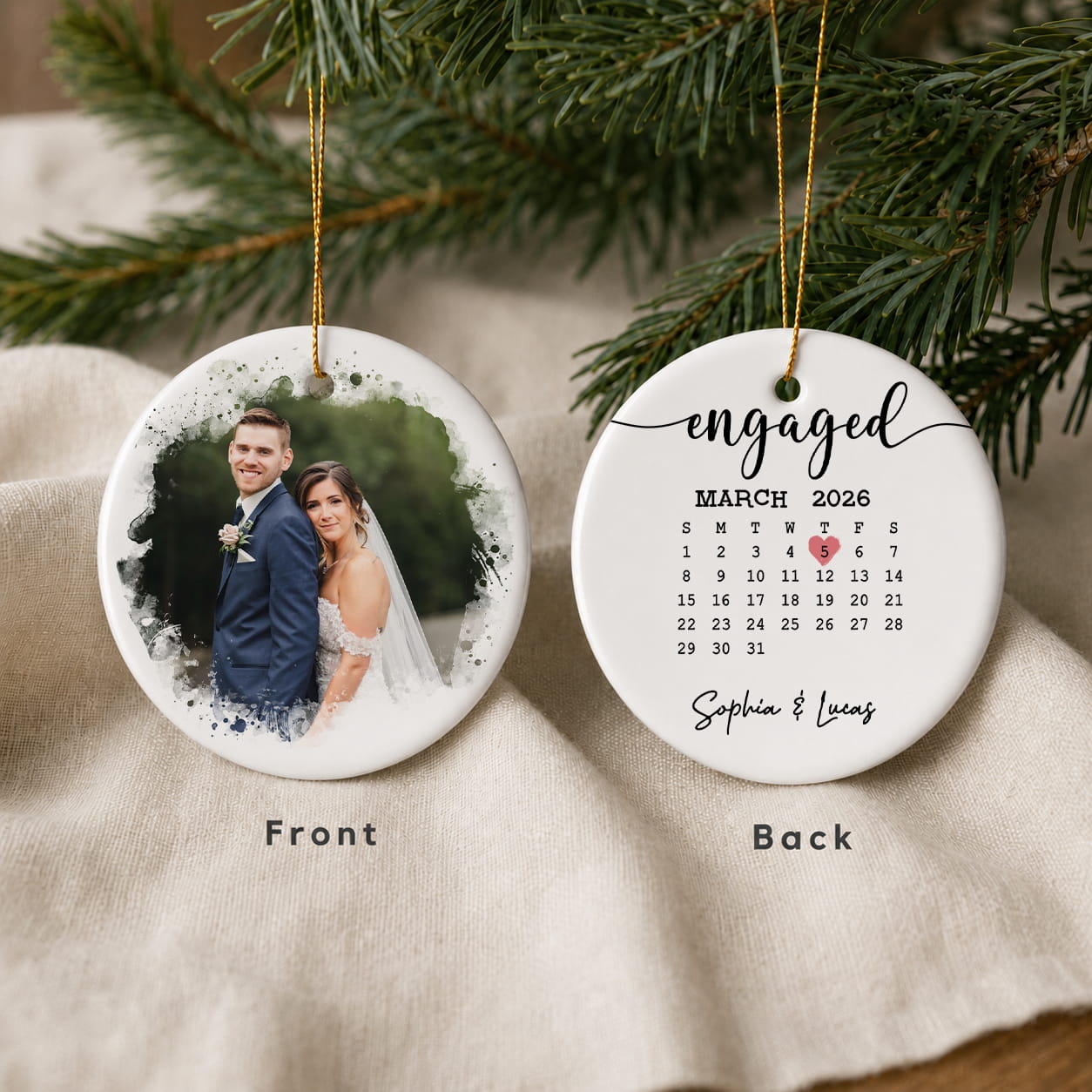 Personalized Our First Christmas Engaged 2-Sided Ceramic Ornament – Custom Couple Photo & Date Engagement Gift for Fiancé or Fiancée
