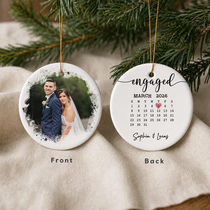 Personalized Our First Christmas Engaged 2-Sided Ceramic Ornament – Custom Couple Photo & Date Engagement Gift for Fiancé or Fiancée