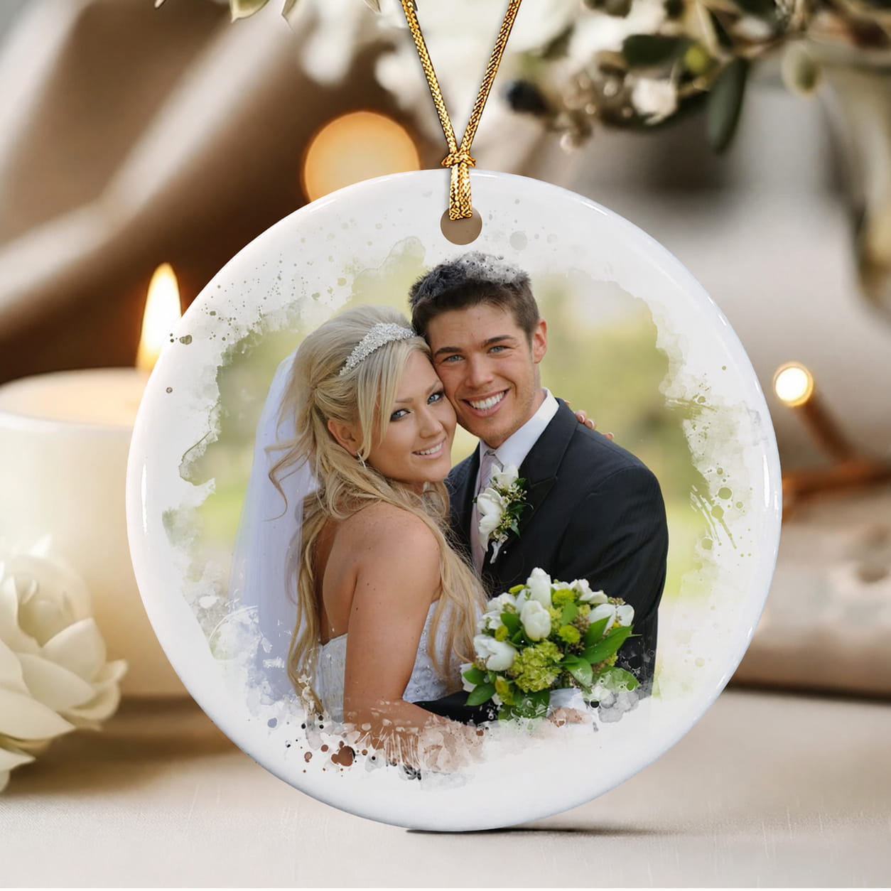 Personalized Our First Christmas Engaged 2-Sided Ceramic Ornament – Custom Couple Photo & Date Engagement Gift for Fiancé or Fiancée