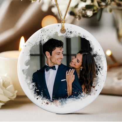Personalized Our First Christmas Engaged 2-Sided Ceramic Ornament – Custom Couple Photo & Date Engagement Gift for Fiancé or Fiancée