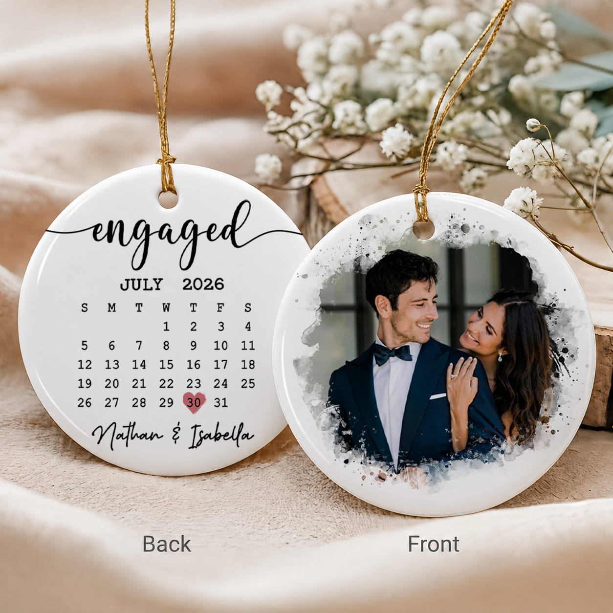 Personalized Our First Christmas Engaged 2-Sided Ceramic Ornament – Custom Couple Photo & Date Engagement Gift for Fiancé or Fiancée