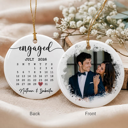 Personalized Our First Christmas Engaged 2-Sided Ceramic Ornament – Custom Couple Photo & Date Engagement Gift for Fiancé or Fiancée
