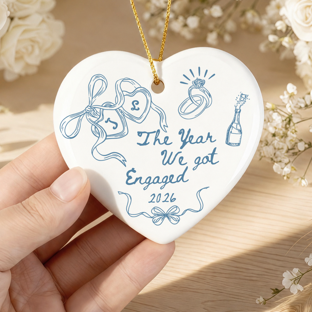 Personalized The Year We Got Engaged Photo Ceramic Ornament – Couple Christmas Gift