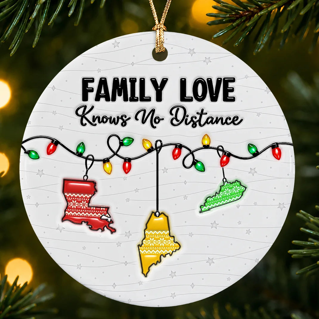 Personalized Family Love Knows No Distance Christmas Lights & Sweater-Pattern State Ceramic Ornament – Gift for Family