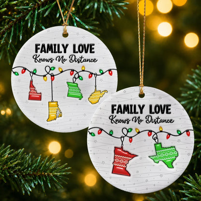 Personalized Family Love Knows No Distance Christmas Lights & Sweater-Pattern State Ceramic Ornament – Gift for Family
