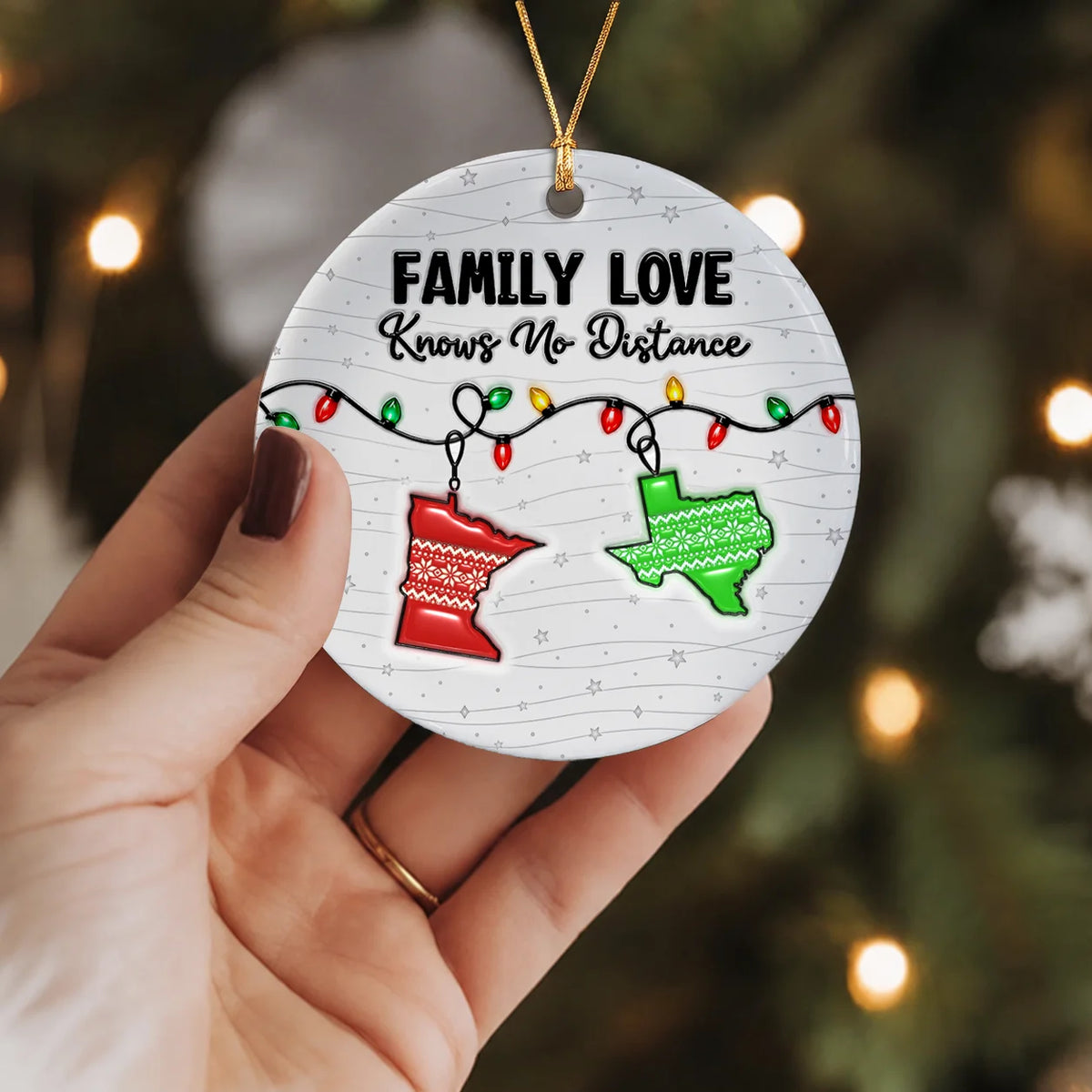 Personalized Family Love Knows No Distance Christmas Lights & Sweater-Pattern State Ceramic Ornament – Gift for Family