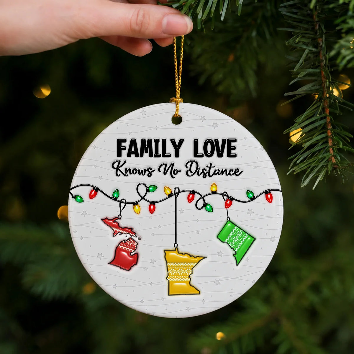 Personalized Family Love Knows No Distance Christmas Lights & Sweater-Pattern State Ceramic Ornament – Gift for Family