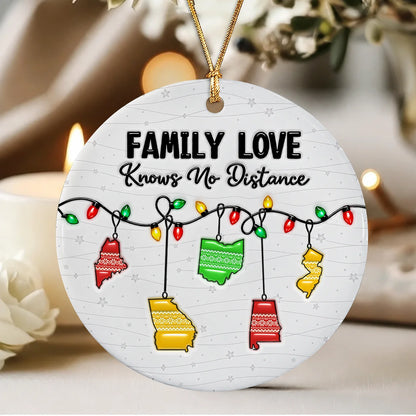 Personalized Family Love Knows No Distance Christmas Lights & Sweater-Pattern State Ceramic Ornament – Gift for Family