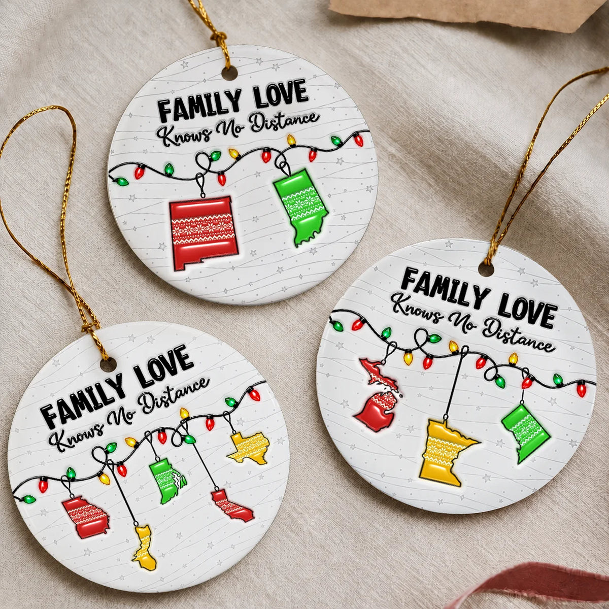 Personalized Family Love Knows No Distance Christmas Lights & Sweater-Pattern State Ceramic Ornament – Gift for Family