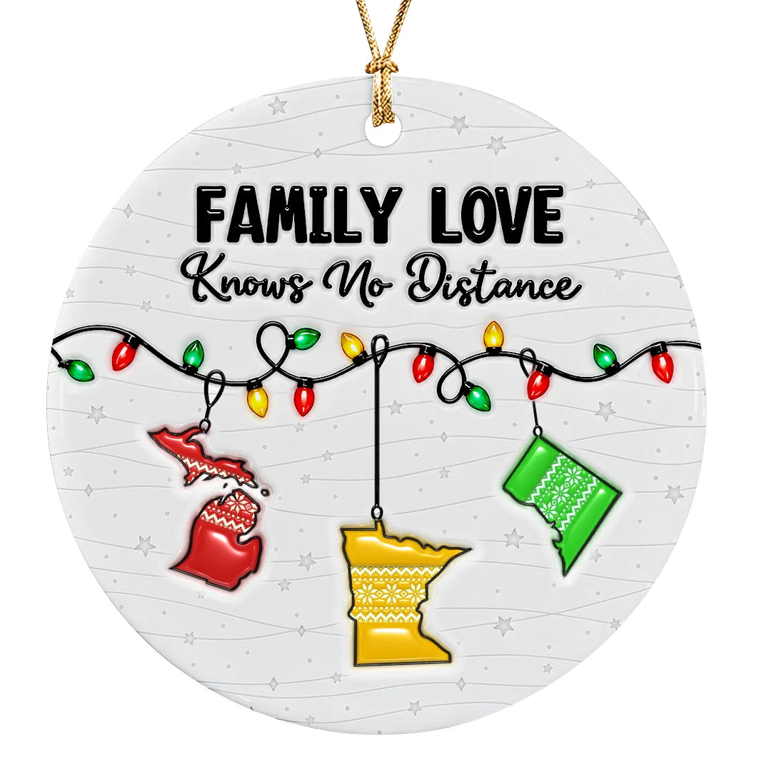 Personalized Family Love Knows No Distance Christmas Lights & Sweater-Pattern State Ceramic Ornament – Gift for Family