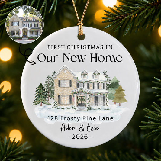 Personalized First Christmas New Home Ornament – Custom House Photo Ceramic Gift