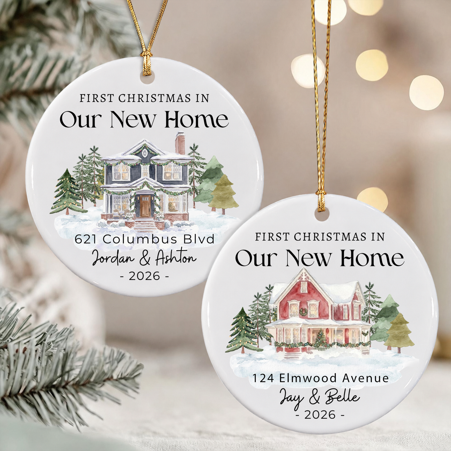 Personalized First Christmas New Home Ornament – Custom House Photo Ceramic Gift