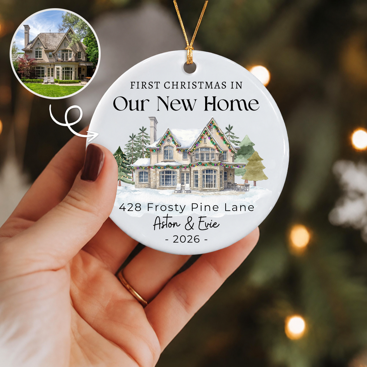 Personalized First Christmas New Home Ornament – Custom House Photo Ceramic Gift