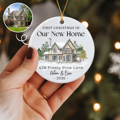 Personalized First Christmas New Home Ornament – Custom House Photo Ceramic Gift