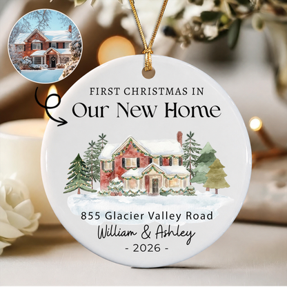 Personalized First Christmas New Home Ornament – Custom House Photo Ceramic Gift
