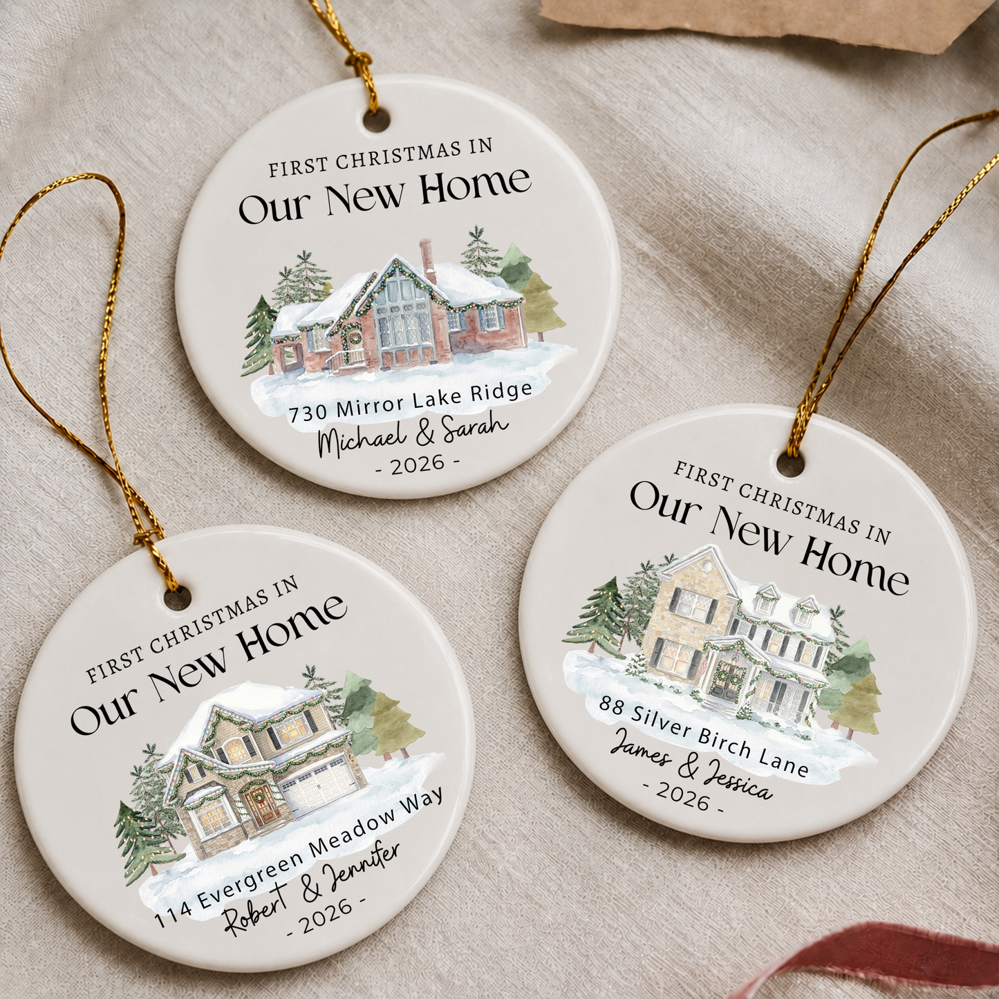 Personalized First Christmas New Home Ornament – Custom House Photo Ceramic Gift