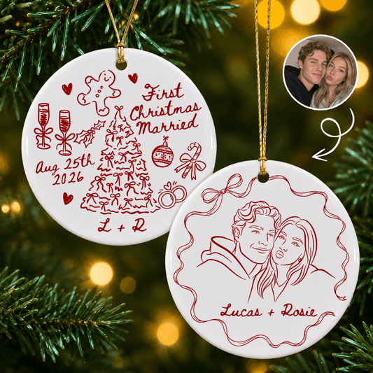 Personalized First Christmas Married Ceramic Circle Ornament – Red Doodle Line Art Custom Photo Portrait Names Date Newlywed Anniversary Gift For Couple