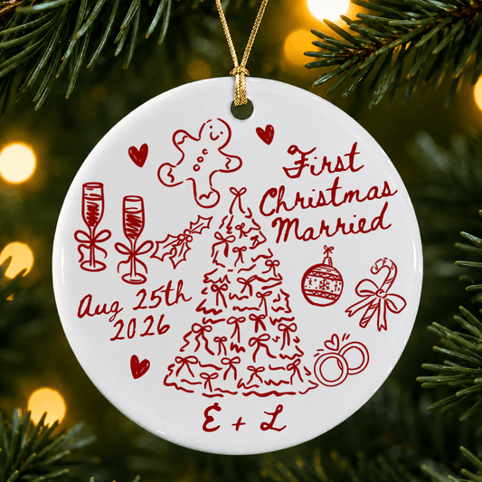 Personalized First Christmas Married Ceramic Circle Ornament – Red Doodle Line Art Custom Photo Portrait Names Date Newlywed Anniversary Gift For Couple