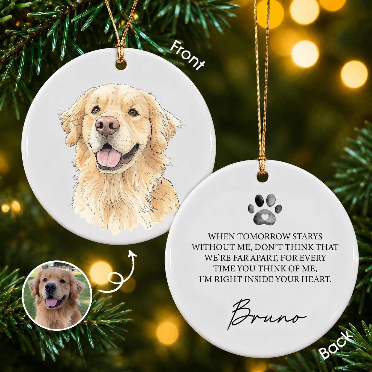 Personalized Pet Memorial Photo & Name 2-Sided Ceramic Ornament – Christmas Keepsake