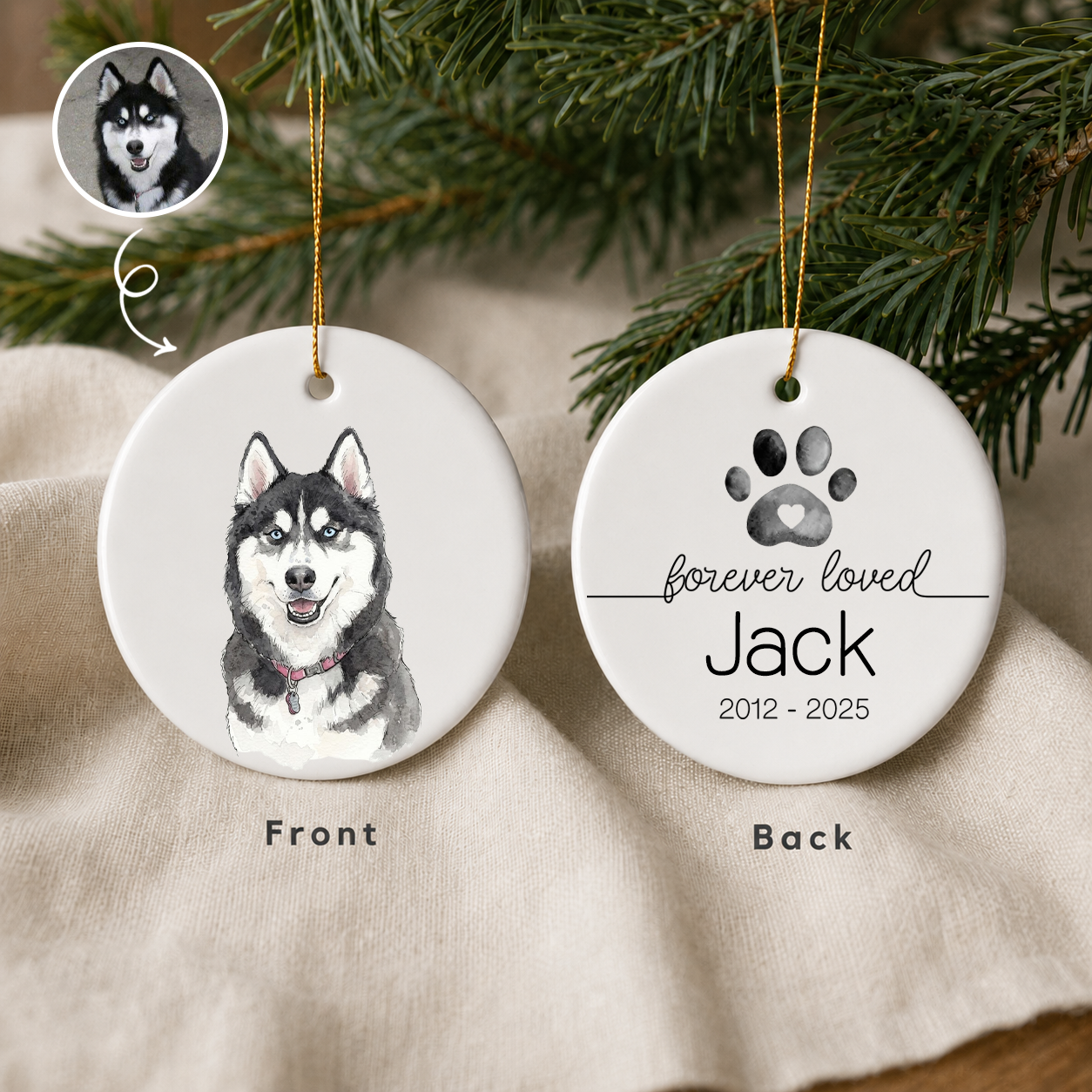 Personalized Pet Memorial Photo & Name 2-Sided Ceramic Ornament – Christmas Keepsake