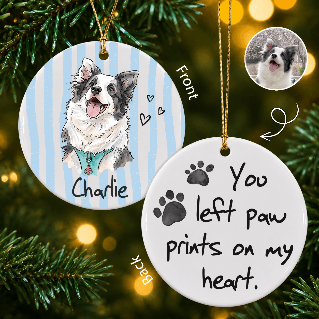 Personalized Pet Memorial Photo Ceramic Ornament – Paw Prints Christmas Keepsake