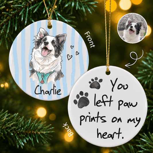 Personalized Pet Memorial Photo Ceramic Ornament – Paw Prints Christmas Keepsake