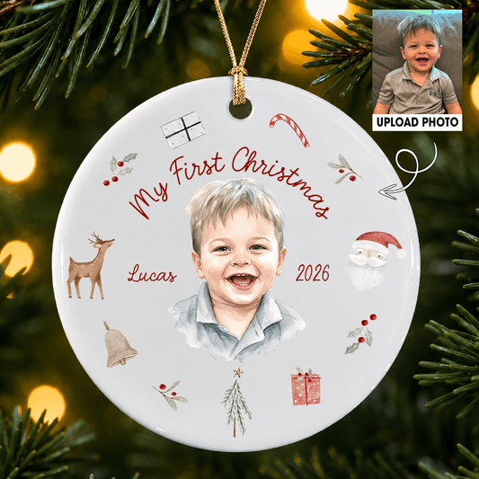 Personalized Baby’s First Christmas Photo Ceramic Ornament – 2026 Keepsake Gift