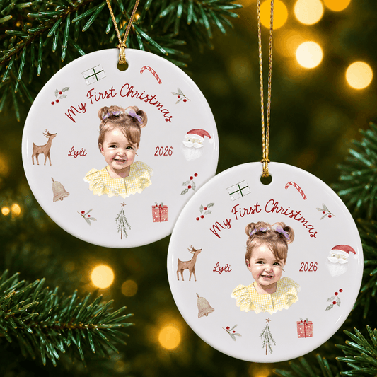 Personalized Baby’s First Christmas Photo Ceramic Ornament – 2026 Keepsake Gift