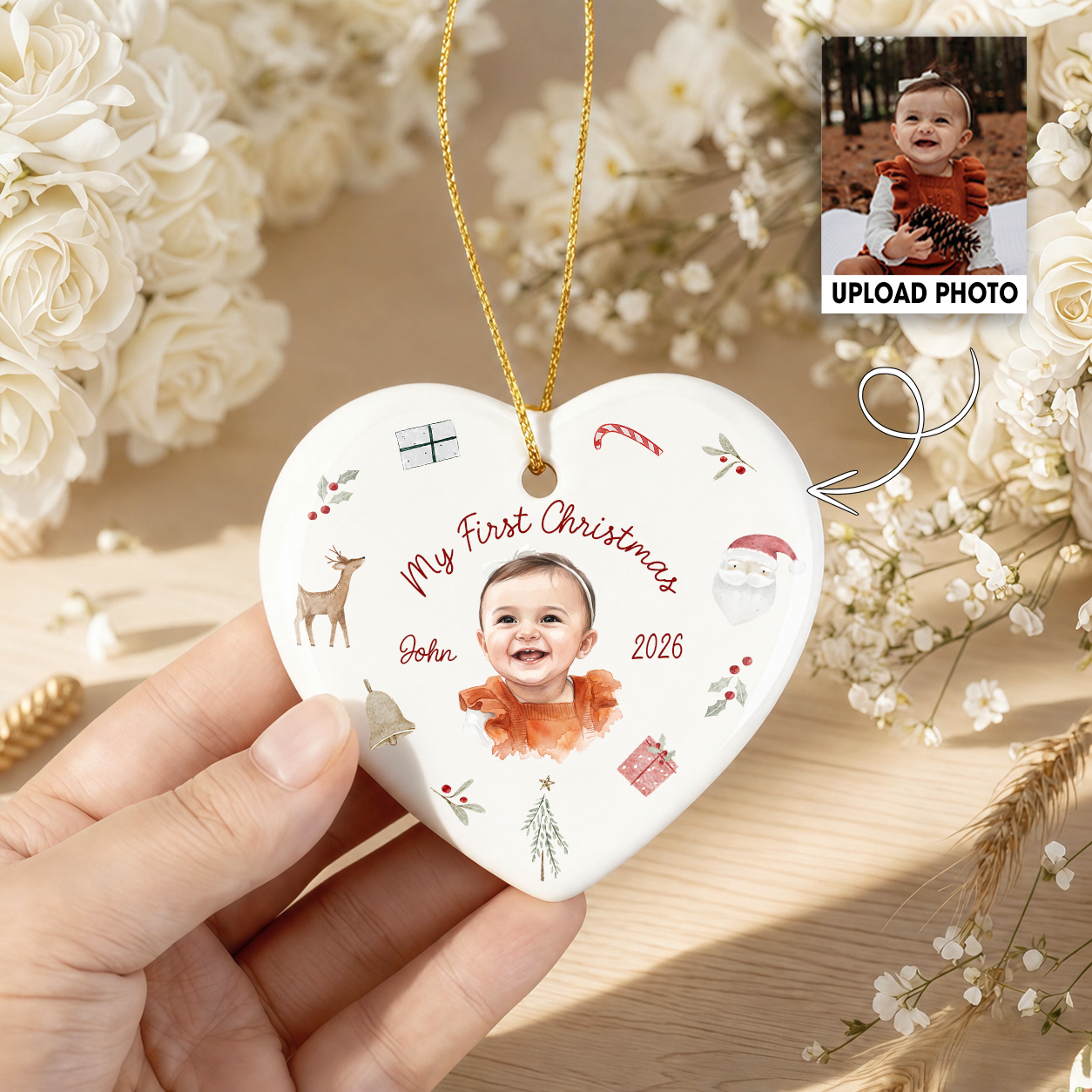 Personalized Baby’s First Christmas Photo Ceramic Ornament – 2026 Keepsake Gift