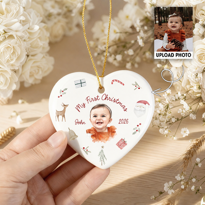 Personalized Baby’s First Christmas Photo Ceramic Ornament – 2026 Keepsake Gift