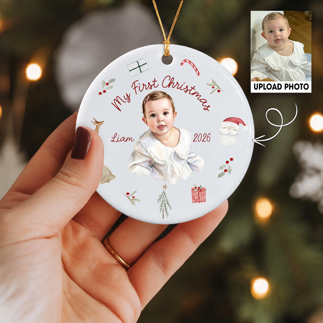 Personalized Baby’s First Christmas Photo Ceramic Ornament – 2026 Keepsake Gift