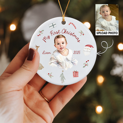Personalized Baby’s First Christmas Photo Ceramic Ornament – 2026 Keepsake Gift