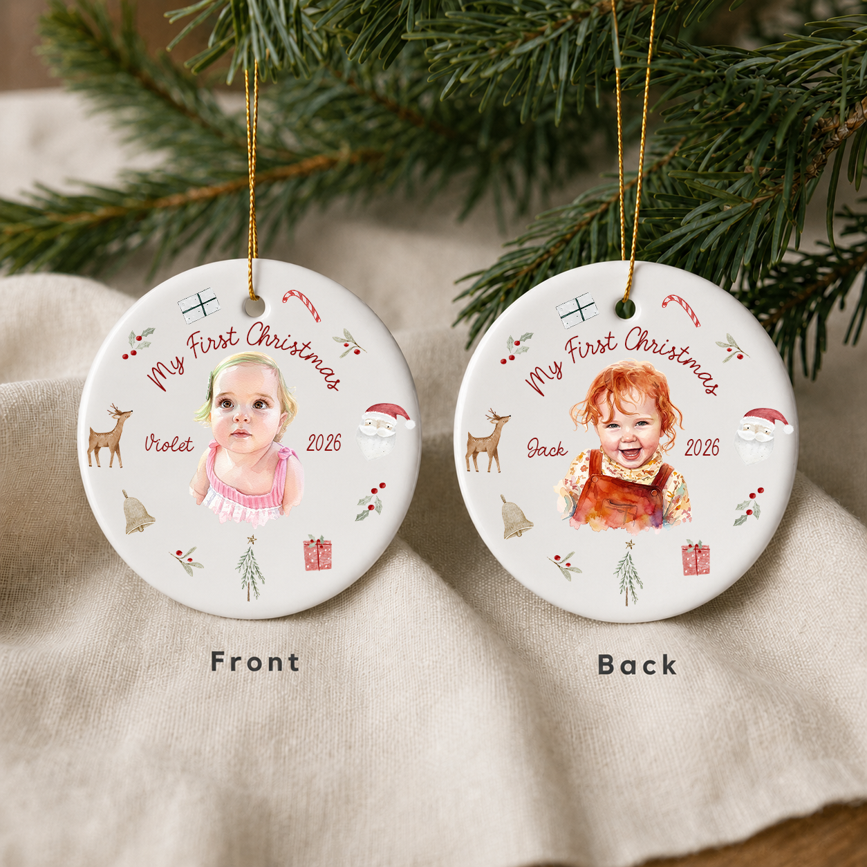 Personalized Baby’s First Christmas Photo Ceramic Ornament – 2026 Keepsake Gift