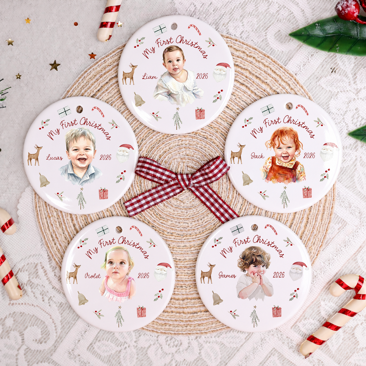 Personalized Baby’s First Christmas Photo Ceramic Ornament – 2026 Keepsake Gift