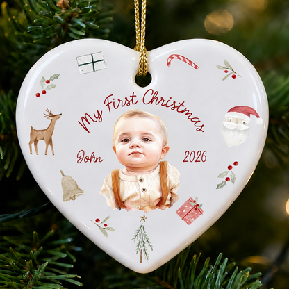 Personalized Baby’s First Christmas Photo Ceramic Ornament – 2026 Keepsake Gift